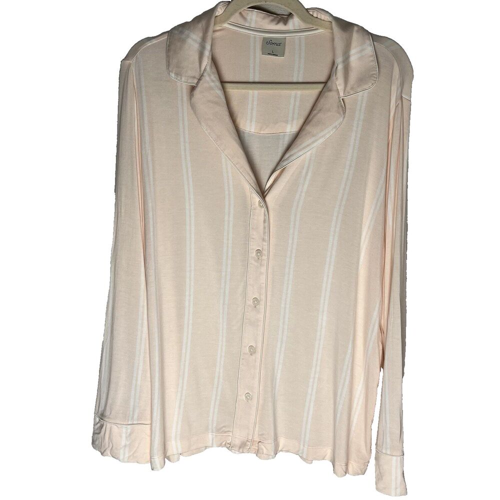 Soma Cool Nights Long Sleeve Notch Collar PJ Top L Large Pink White Pinstripes